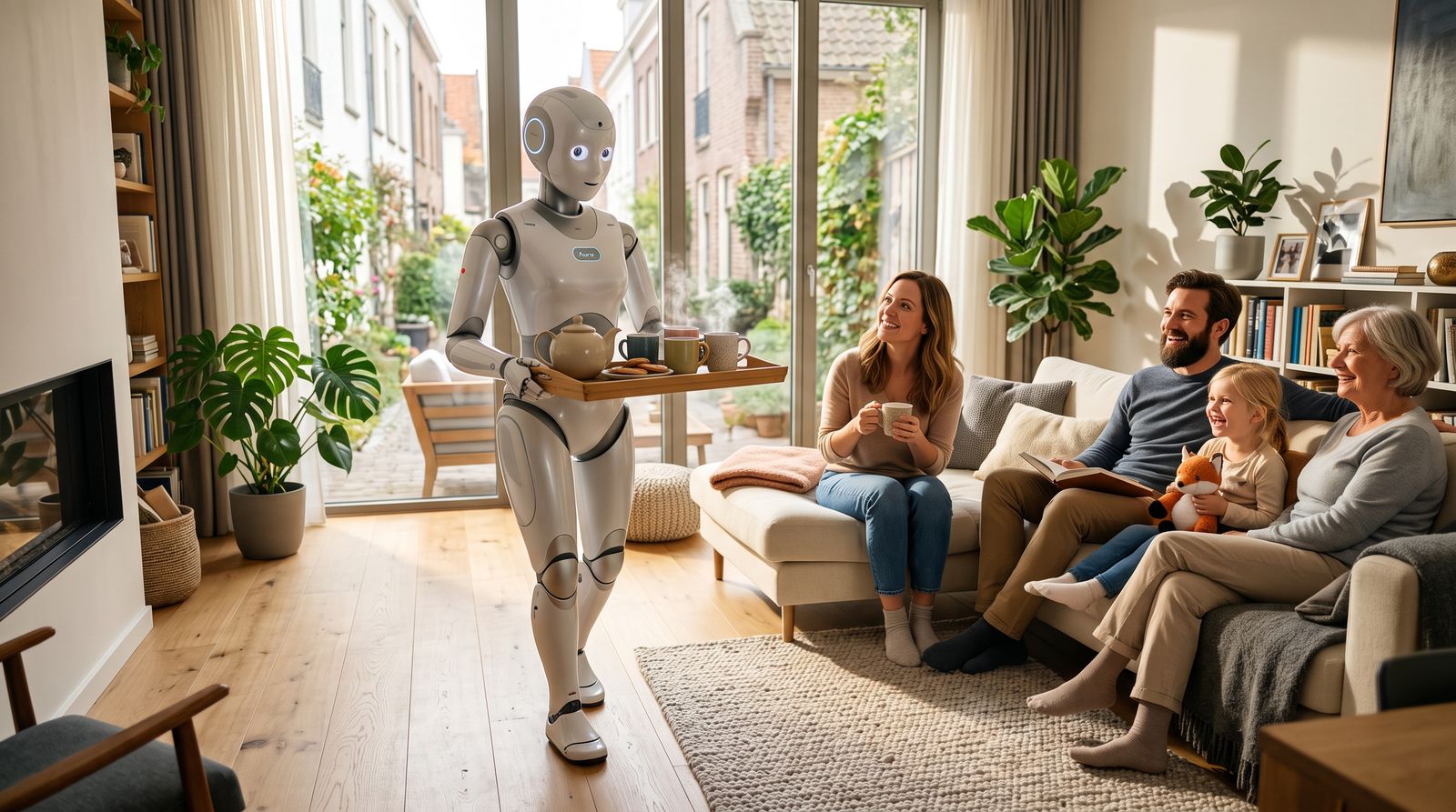 Humanoid robot helping with household tasks in a home