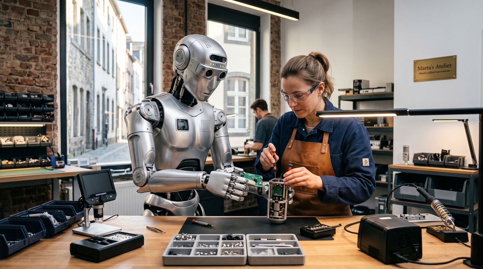 Humanoid robot handling assembly and logistics in a small business